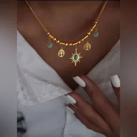 Jewelry - Gold Stainless Steel Turquoise Tree of Life Charm Necklace Dainty